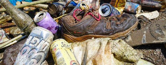 Pile of beer cans and other trash found in the Deschutes River.