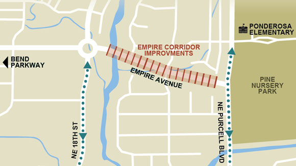 Empire Corridor Improvements map showing location of improvements between 18th Street and Purcell Boulevard.