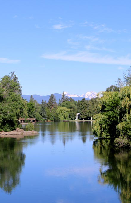 Mirror Pond with North and Middle Sister mountains in the background.