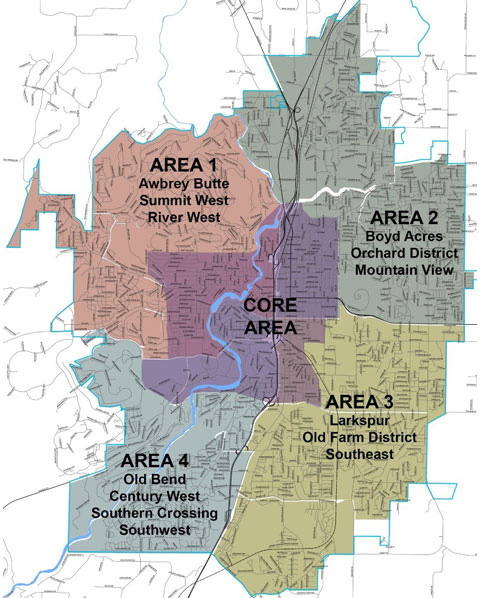 Map of Bend broken down into 5 areas: Area 1=Awbrey Butte, Summit West, River West; Area 2=Boyd Acres, Orchard District, Mountain View; Area 3=Larkspur, Old Farm District, Southeast; Area 4=Old Bend, Century West, Southern Crossing, Southwest; Area 5=Core Area.