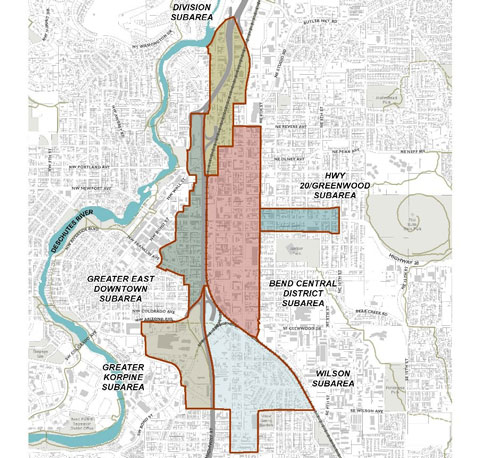 Map of the Core Area Project study area, which spans an area to the east and west of Highway 97, roughly from Cleveland Ave in the South to around Riverview Park in the North.