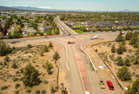 Aerial photo of construction of new roundabout at Empire Ave and Purcell Blvd.