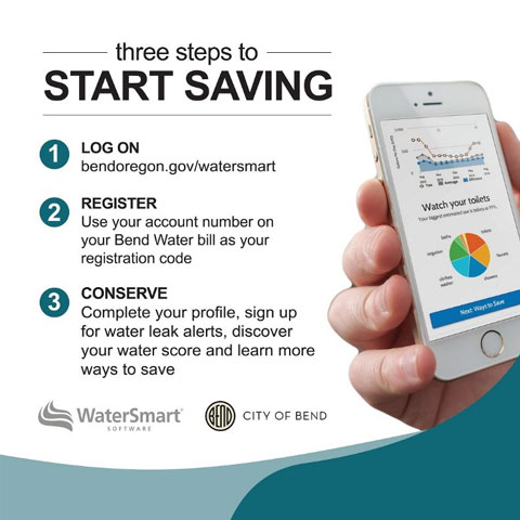 Three steps to start saving with WaterSmart: 1. Log on at bendoregon.gov/watersmart. 2. Register using your account number on your Bend Water bill as your registration code. 3. Complete your profile, sign up for water leak alerts, discover your water score and learn more ways to save.