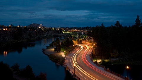 Bill Healy Bridge in Bend at night.