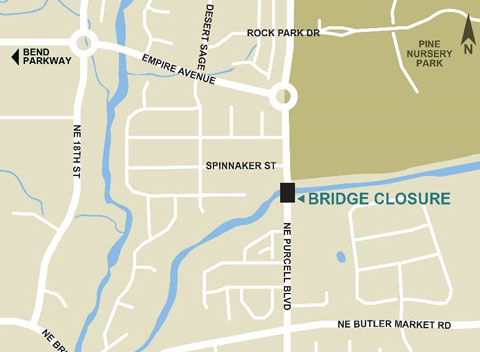 Map showing closure of Purcell Blvd Bridge.