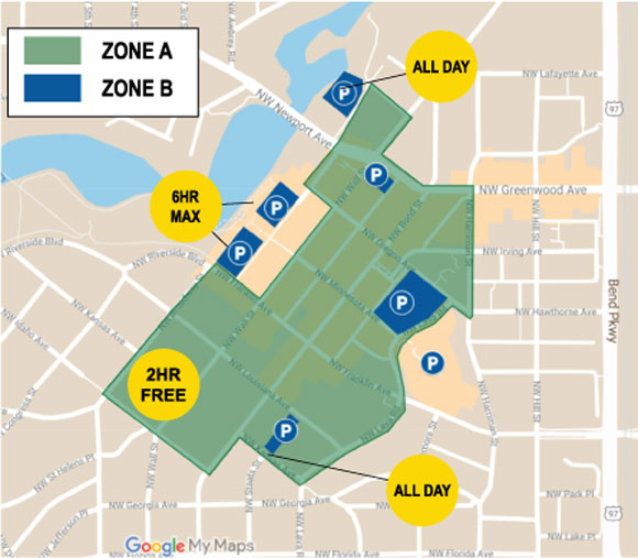 Graphic showing two parking zones in Downtown Bend