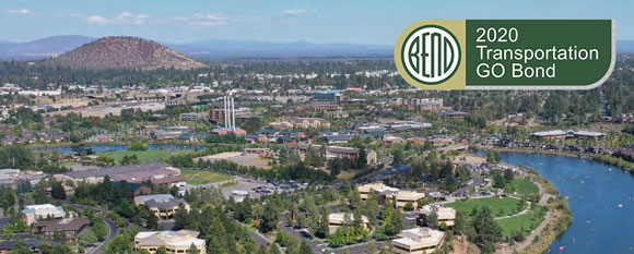 Aerial view of Bend with GO Bond logo