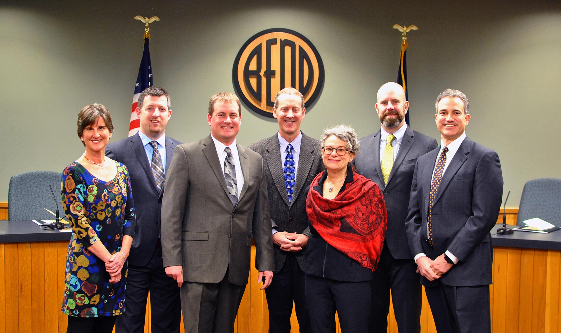 Group shot of 2017 Bend Oregon City Council in Council Chambers.