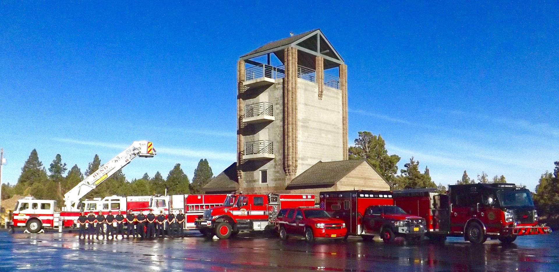 Bend Fire Department apparatus and team on training site.