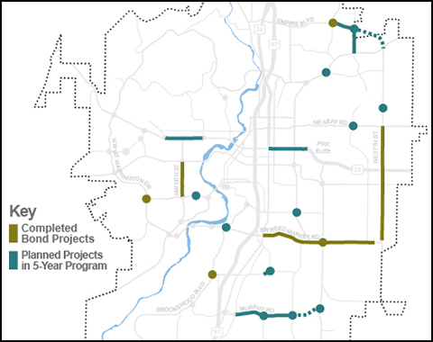 Map showing locations of completed transportation bond projects and projects planned in 5-year program.