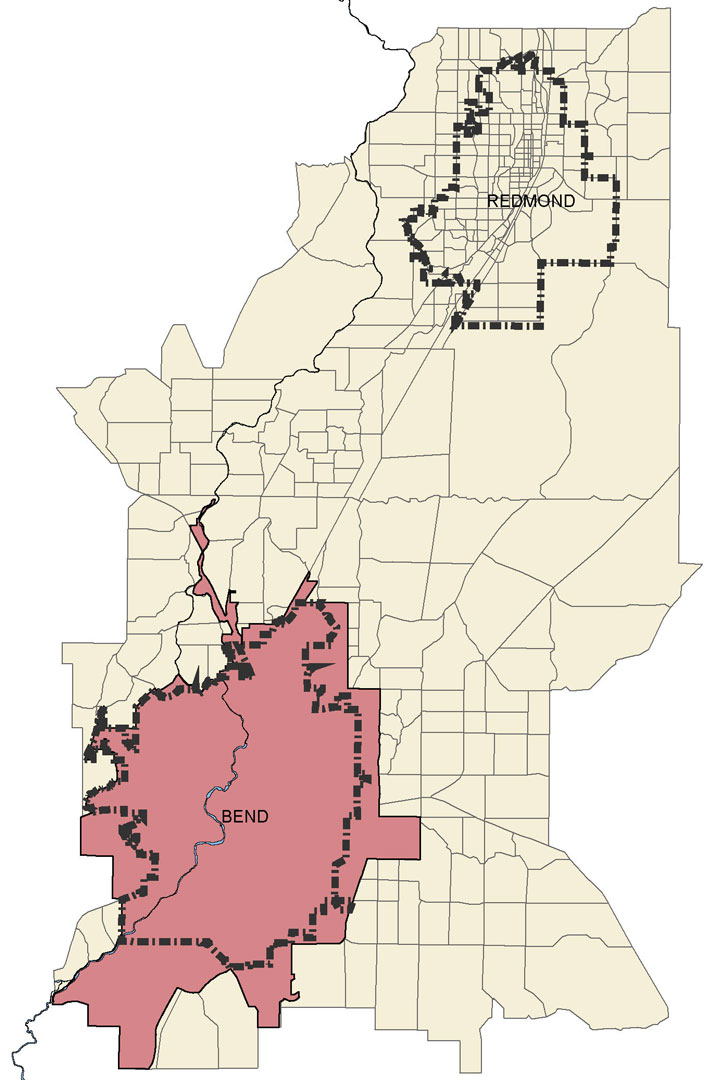 Map showing the Bend Redmond Travel Demand Model Study Area, including the Bend MPO Boundary and Bend and Redmond city limits.