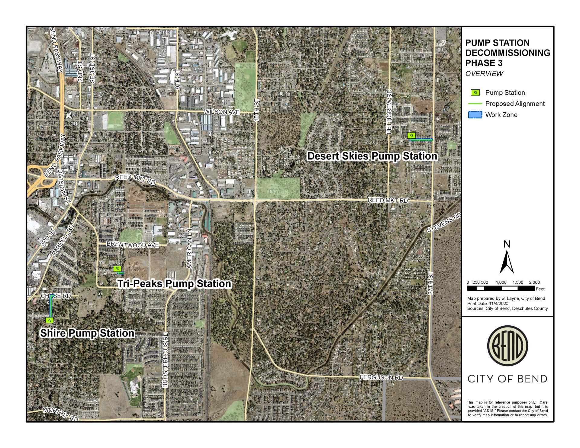 An aerial map exhibitng the Shire, Tri-Peaks, and Desert Skies Pump Stations, work zones, and proposed alignment locations.