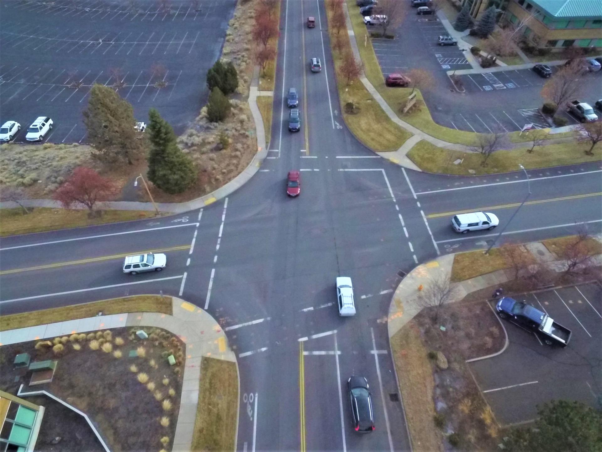 An aerial photo of the Columbia St & Simpson Ave intersection.