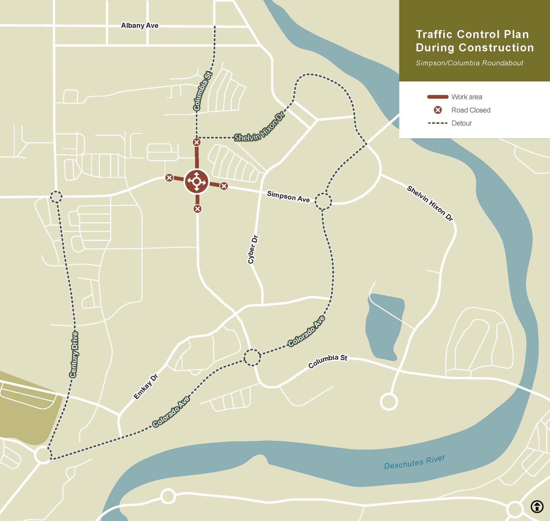 A map depicting the work area and road closure at the Simpson Ave. & Columbia St. intersection, and the detour along Century Dr., Colorado Ave., and Shelvin Hixon Dr.