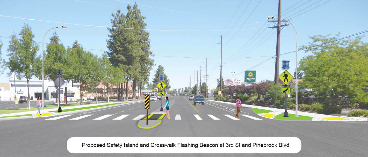 pedestrian walking in crosswalk with a safety island, flashing beacon and street lighting 