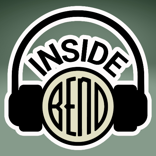 Logo for the Inside Bend podcast. It shows the Bend logo as a head with over-the-ear headphones attached. The words "Inside" are in an arch about the "Bend" logo.