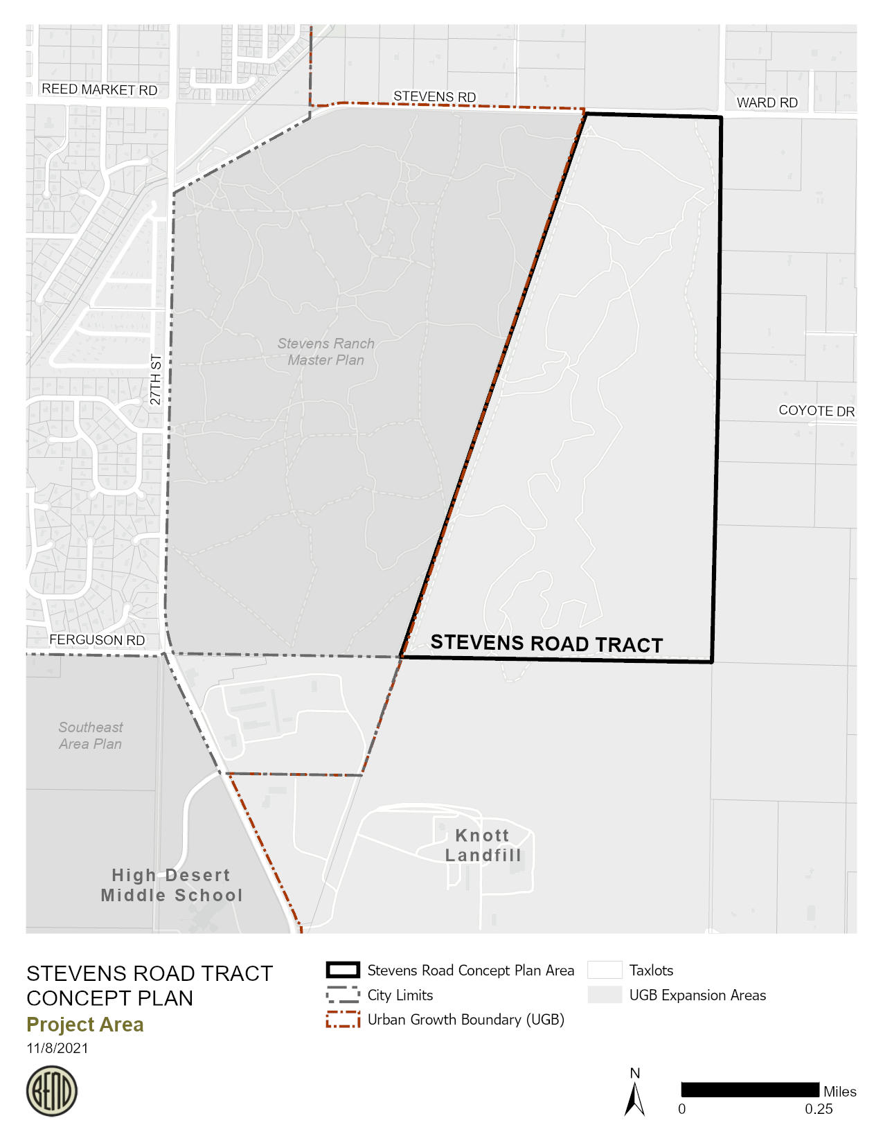 Map of outlined property, east of 27th Street and south of Stevens Road