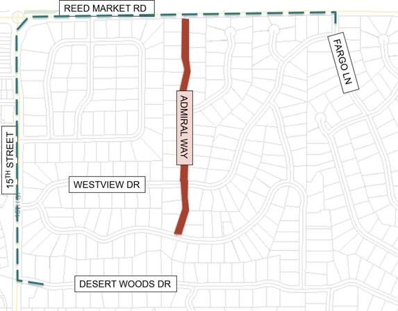 A detour map depicting the Admiral Way road closure (anticipated the week of 6/13/22), and the detour starting at Fargo Ln and Reed Market Rd, then taking 15th Street to Desert Woods Dr.