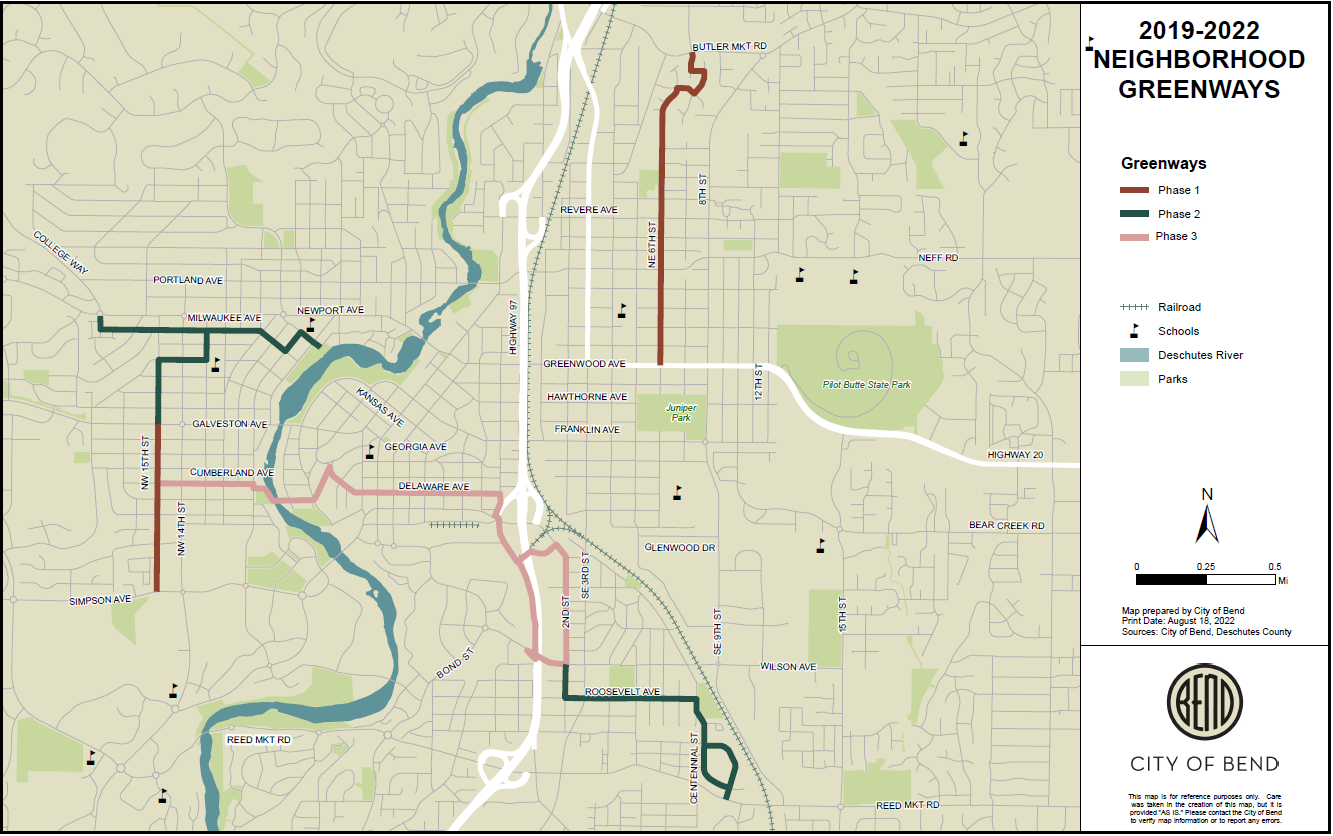 Map showing proposed Neighborhood Greenway routes and phasing for Phase 1, Phase 2, Phase 3, and Phase 4.