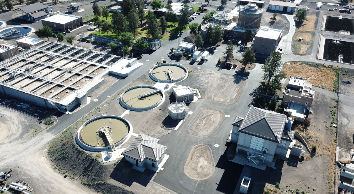 aerial view of the primary clarifiers at water reclamation facility