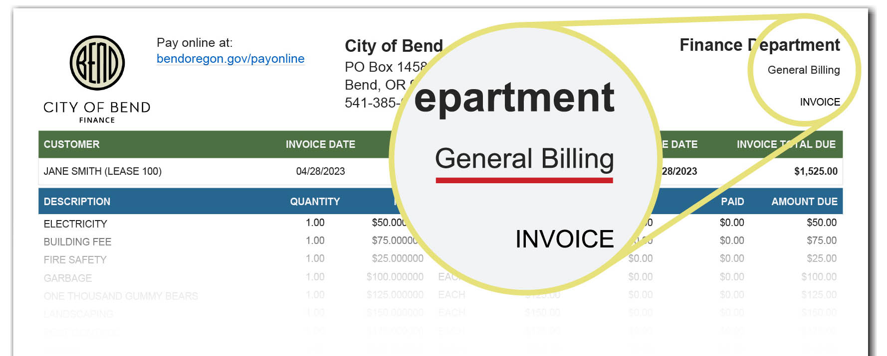 Sample general billing bill highlighting that the bill says "General Billing" at the top.