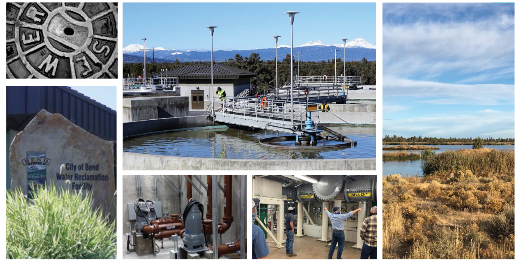 WRF Collage of photos: sewer, rock sign, clarifiers, pipes, tours, hatfiled ponds