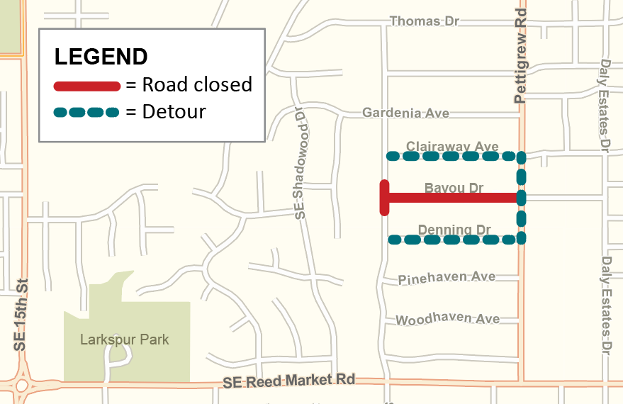 Fargo and Bayou closed to through traffic. Detour includes Denning, Pettiigrew and Clairaway.