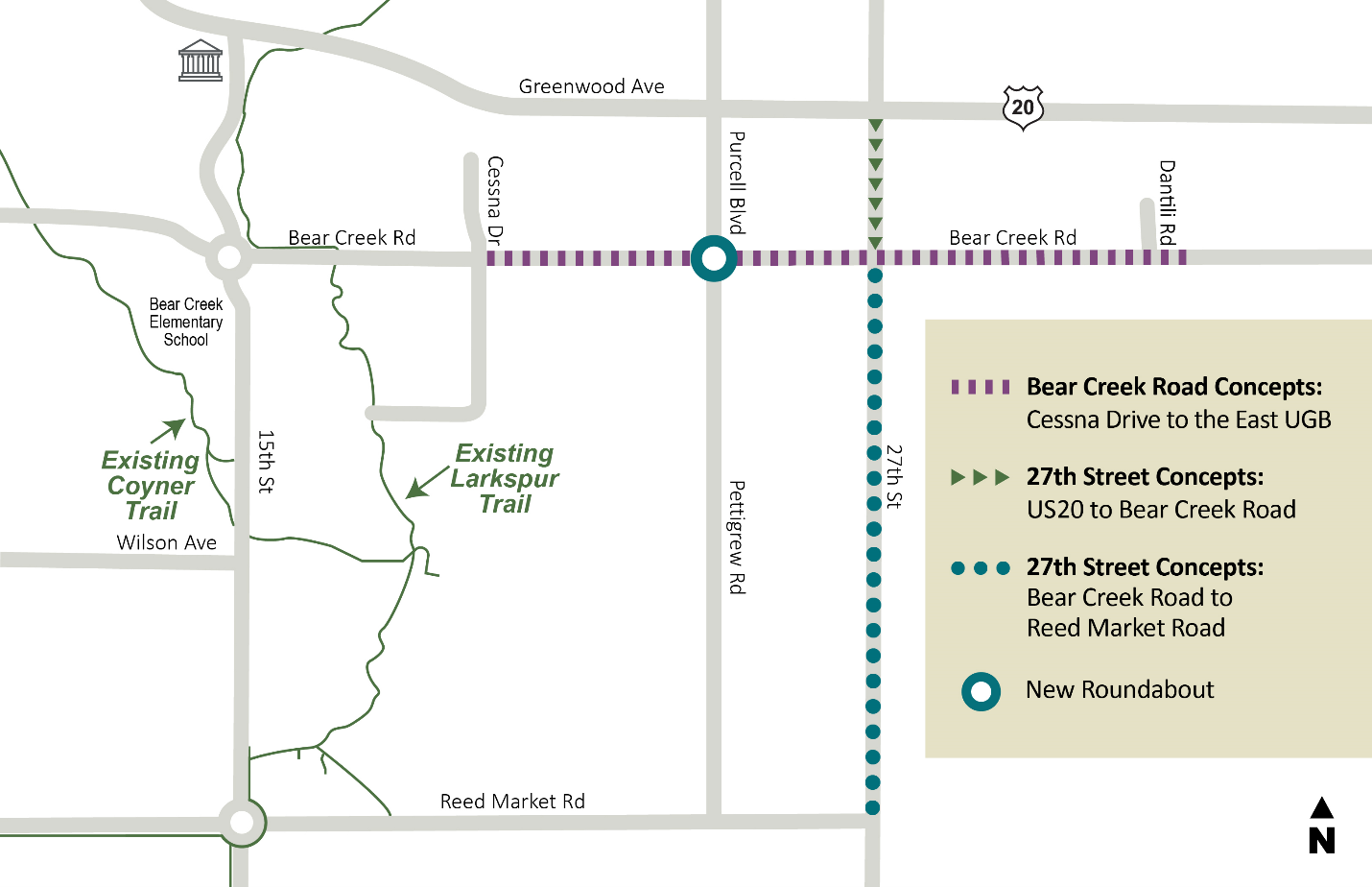 Click on tabs below to view concepts for the following areas: Bear Creek Concepts from Cessna to the East Urban Growth boundary, 27th Street Concepts from US 20 to Bear Creek Road, and 27th Street Concepts from Bear Creek Road to Reed Market Road