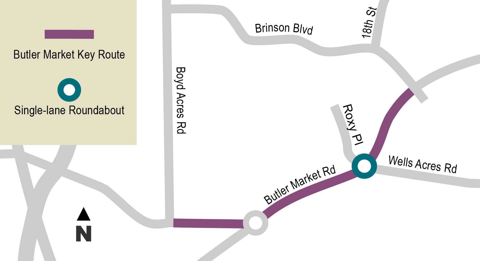 Butler Market Road Key Route and Wells Acres Roundabout Map