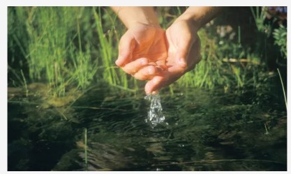 Hands cupping and collecting water from a river side