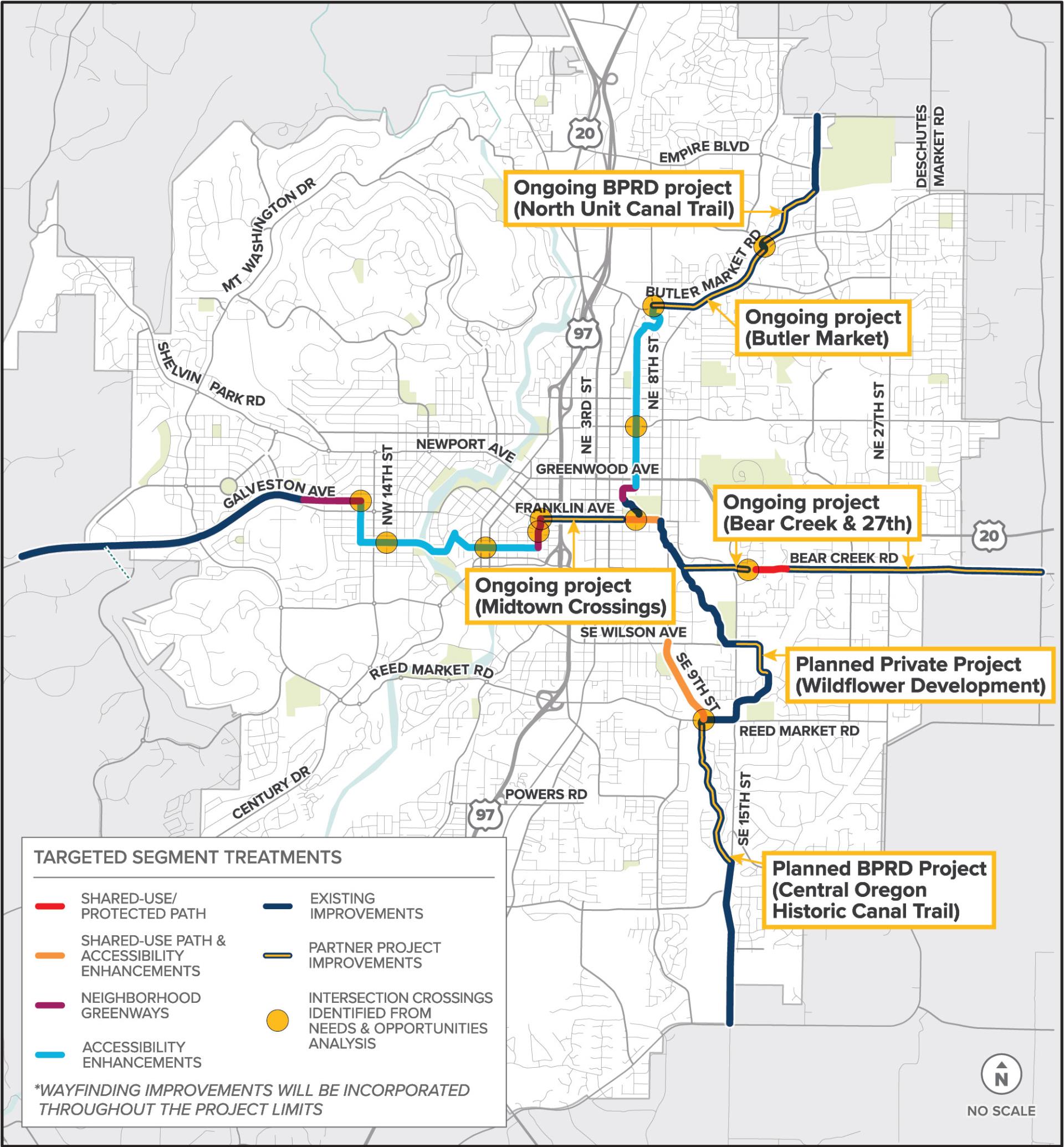 A map of targeted bike/ped routes in Bend.