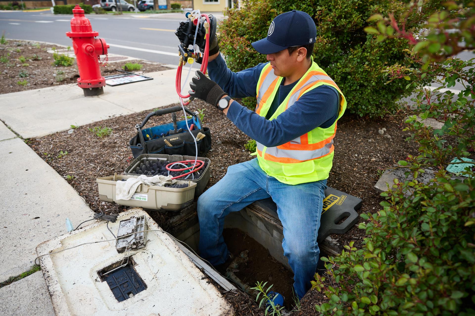 Backflow assembly in water meter box in lawn