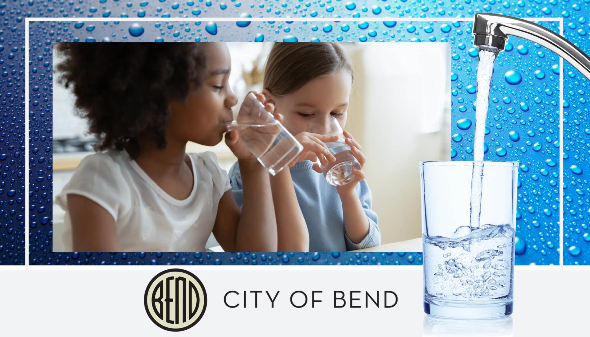 Water Quality Cover two girls drinking water with water drops background and faucet filling glass of water.