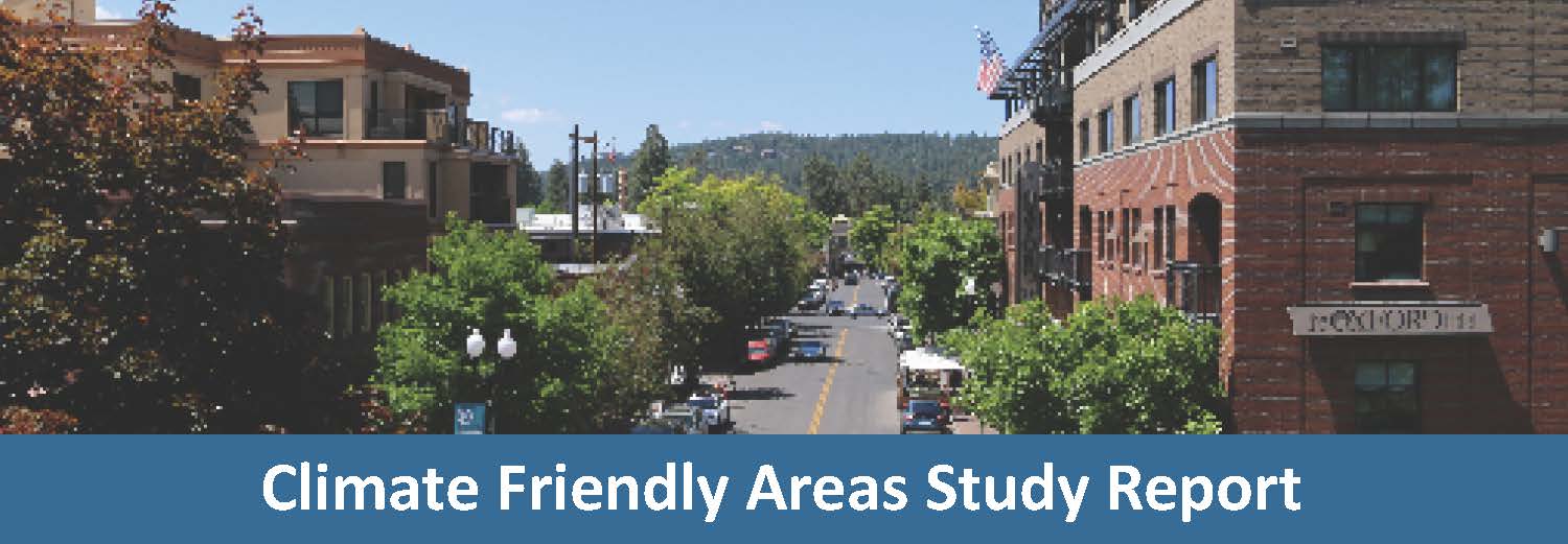 Image of downtown Bend buildings on a sunny day.  Climate Friendly Areas Study Report text below the image.