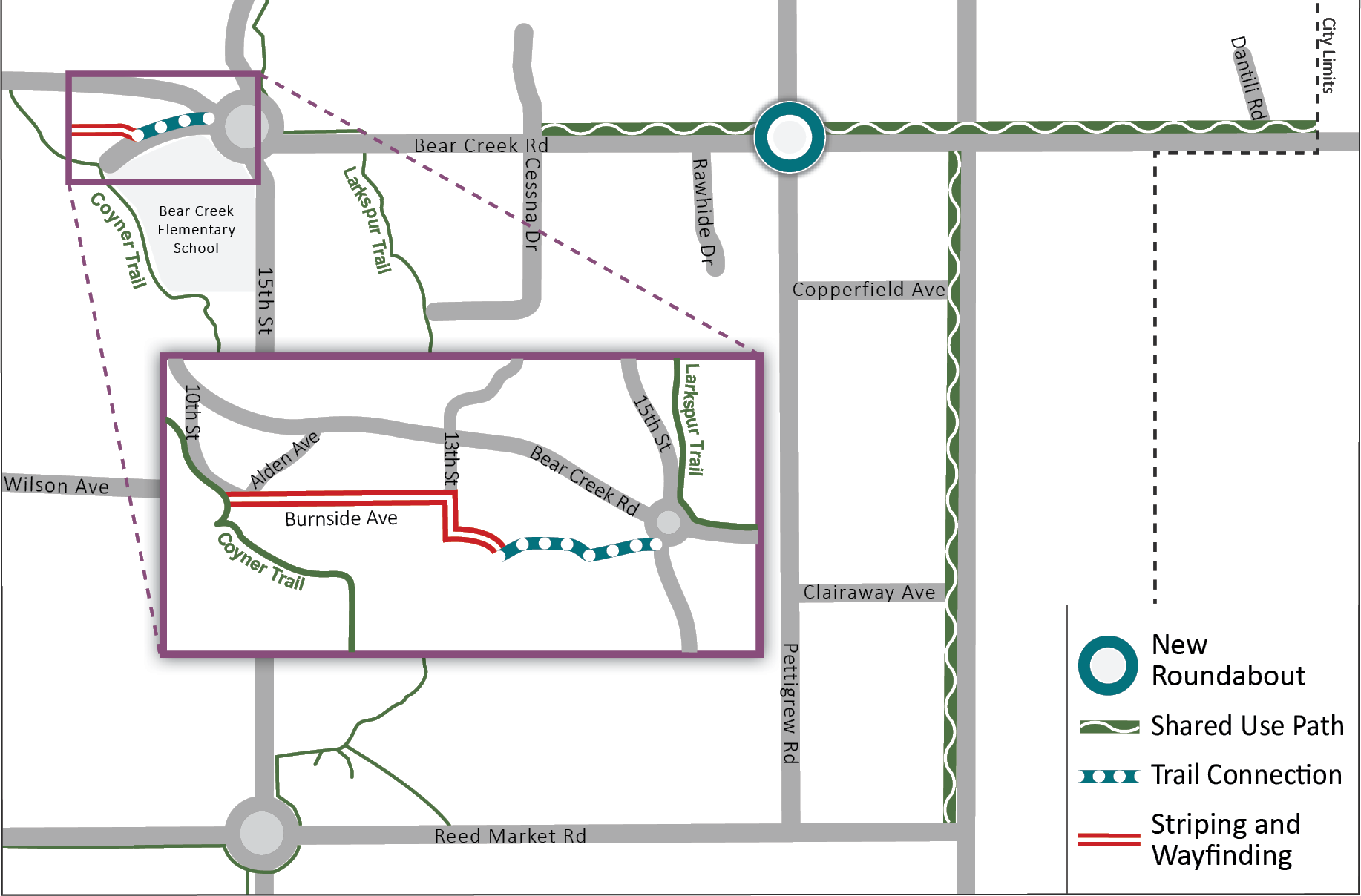 map shows new connections and wayfinding to Larkspur and Coyner Trails