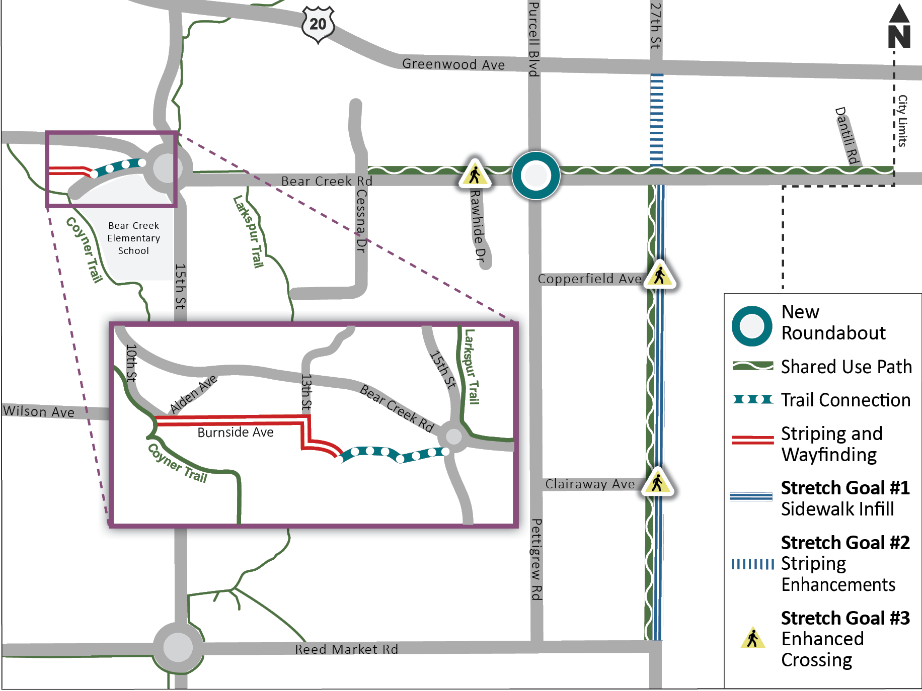 Bear Creek Road and 27th Street Improvements Project map with stretch goals