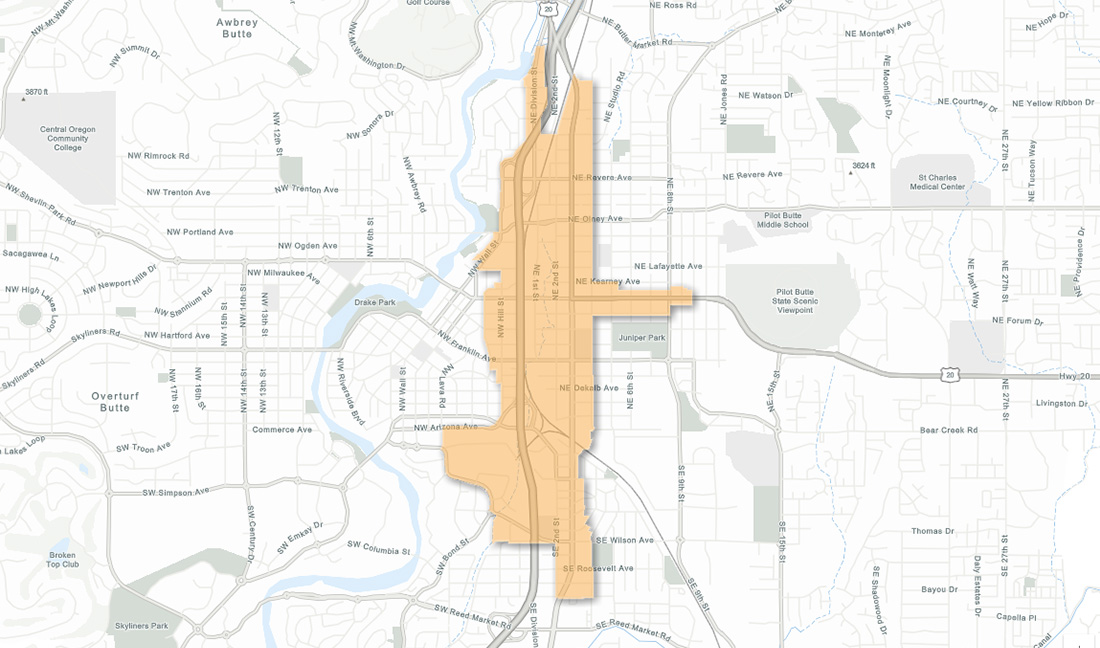 Map of Bend's Core Area, which roughly includes the area between Hill St and 4th St and Butler Market Rd and Reed Market Rd.