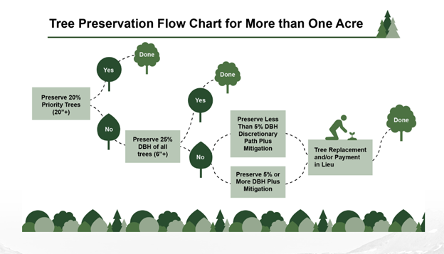 A flowchart visually showing tree preservation for more than one acre