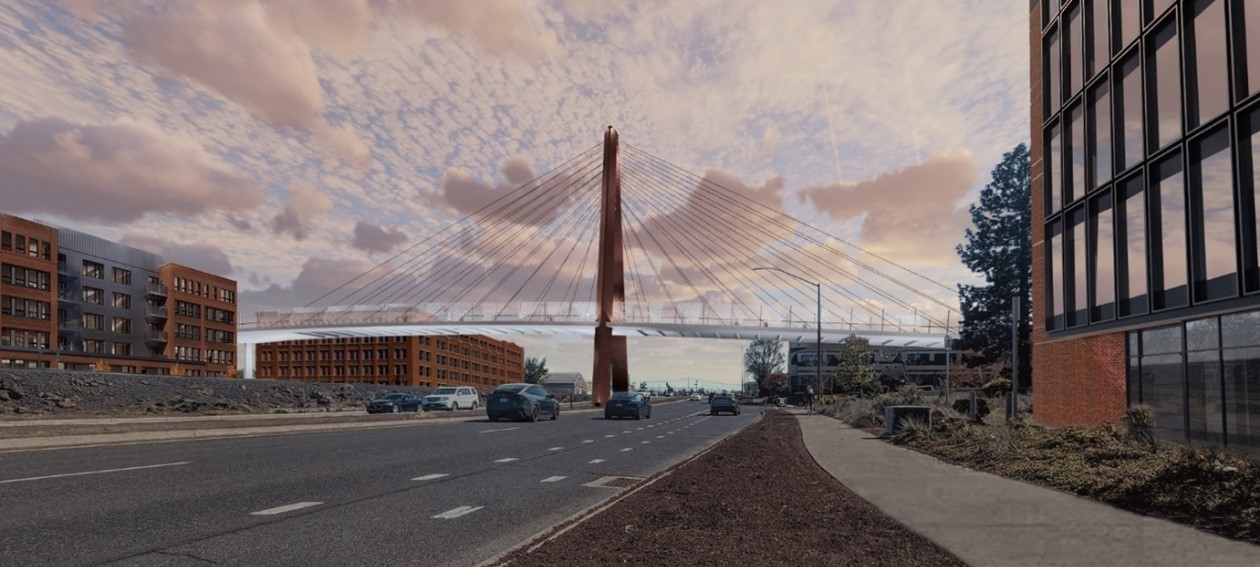 Artist rendering of Hawthorne bridge - single tower cable-stay preferred design