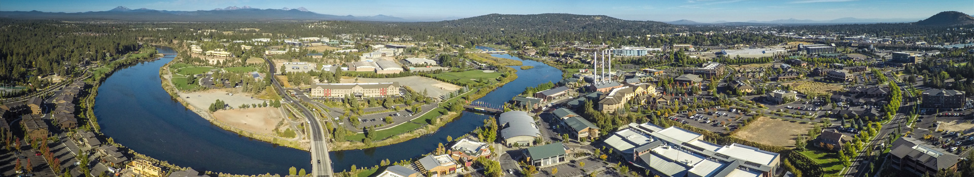 Overhead view of the Old Mill District with the Deschutes River flowing through it