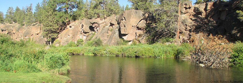 The Deschutes River flowing through Tumalo State Park with rock formations in the background