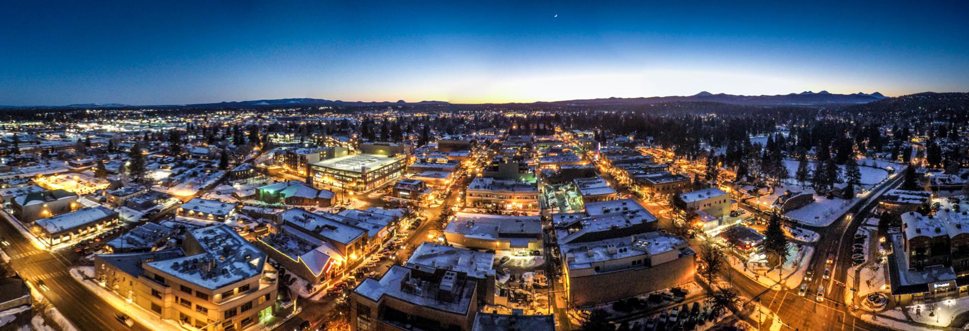 Overhead picture of downtown Bend at twilight