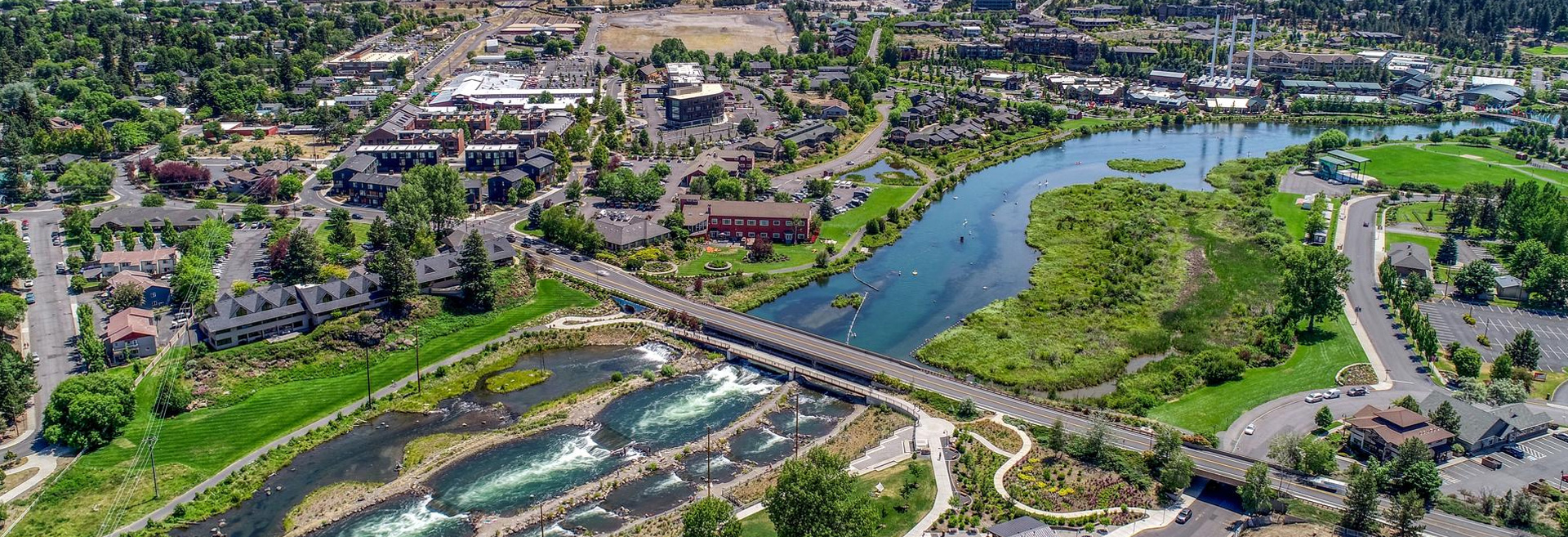 Overhead image of the Deschutes River and the Old Mill District in Bend