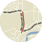 Map showing NW 14th Street/SW Century Dr construction between SW Colorado Ave and SW Simpson Ave.