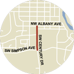 Map showing NW 14th Street/SW Century Dr construction between SW Simpson Ave and NW Albany Ave.