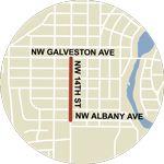 Map showing NW 14th Street/SW Century Dr construction between NW Albany Ave and NW Galveston Ave.