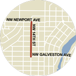 Map showing NW 14th Street/SW Century Dr construction between NW Galveston Ave and NW Newport Ave.