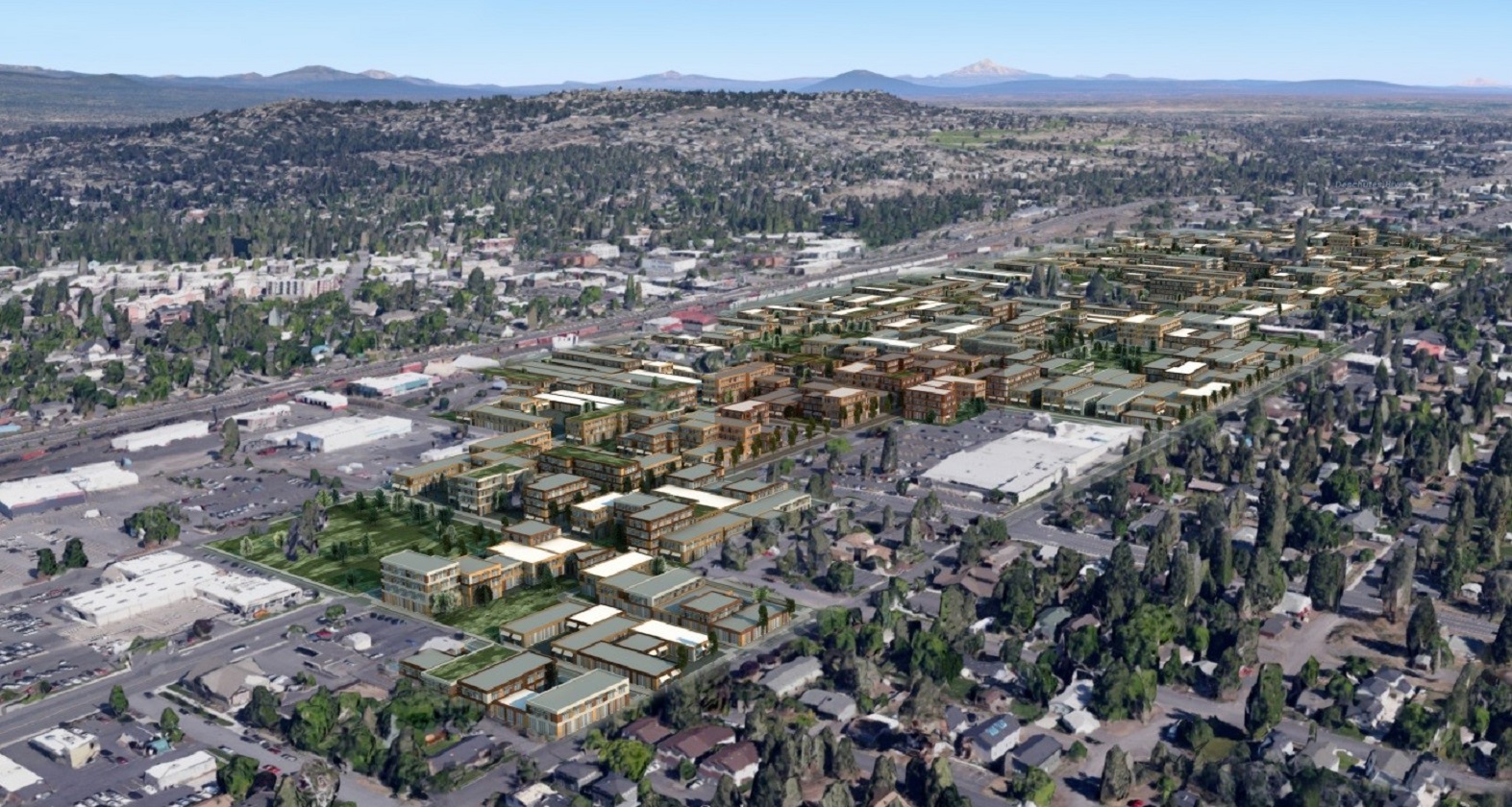 Aerial rendering of the Bend Central District mith mixed use redevelopt and transitions to adjacent neighborhoods.