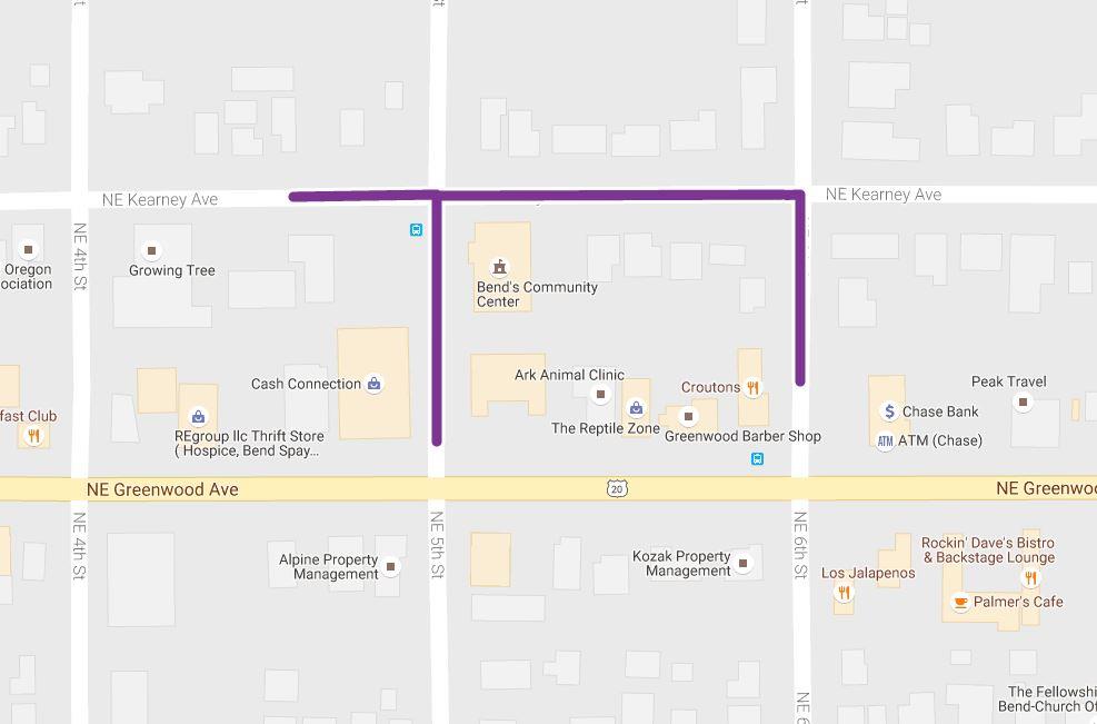 Map highlighting sections of NE Kearney Avenue, NE 5th Street, and NE 6th Street to be altered by project