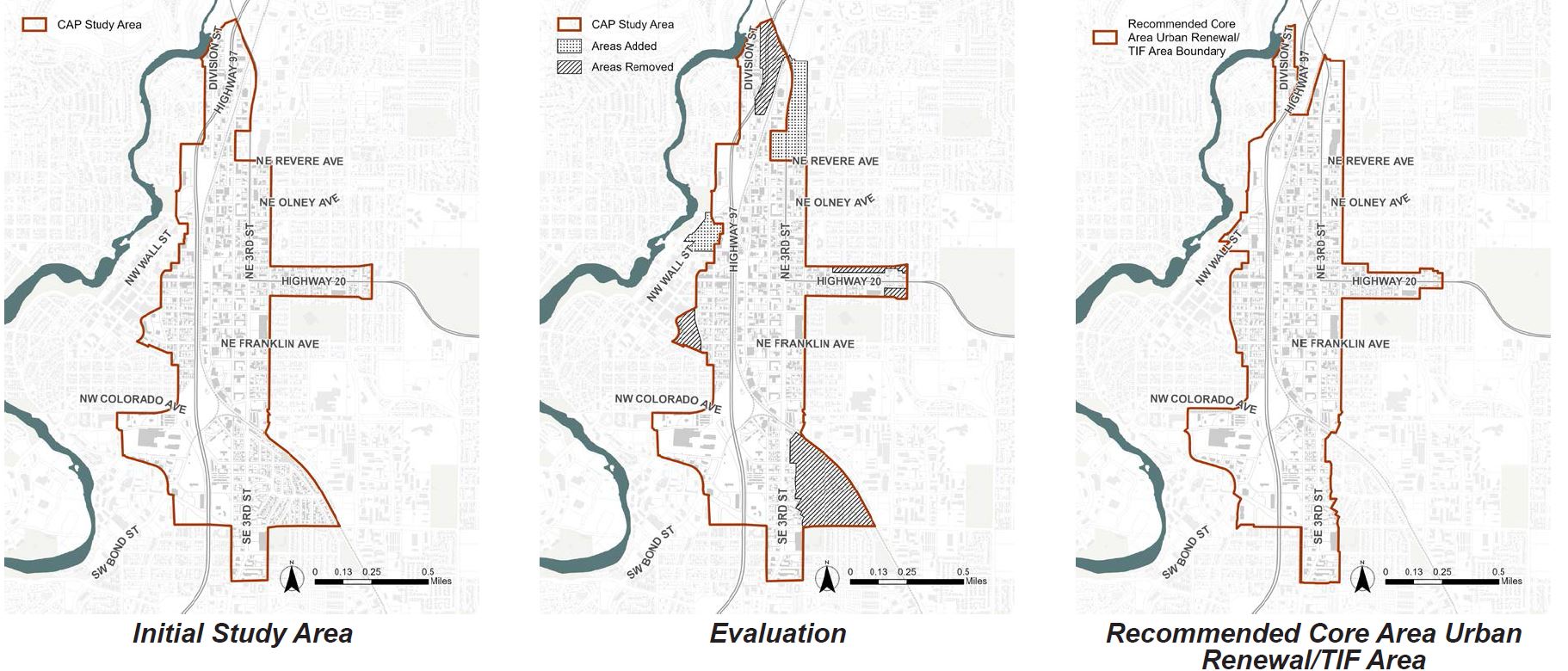 Three maps that show progression of Core Area planning process from an initial study area to an evaluation to add or remove areas and a final recommended boundary that is 30 acres smaller than the original study area.